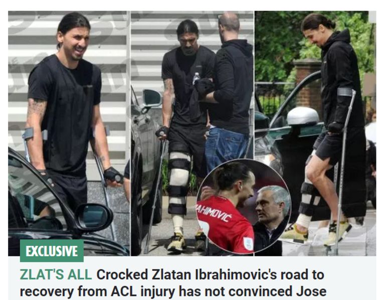 זלאטן איברהימוביץ' על קביים. צילום מסך מתוך 