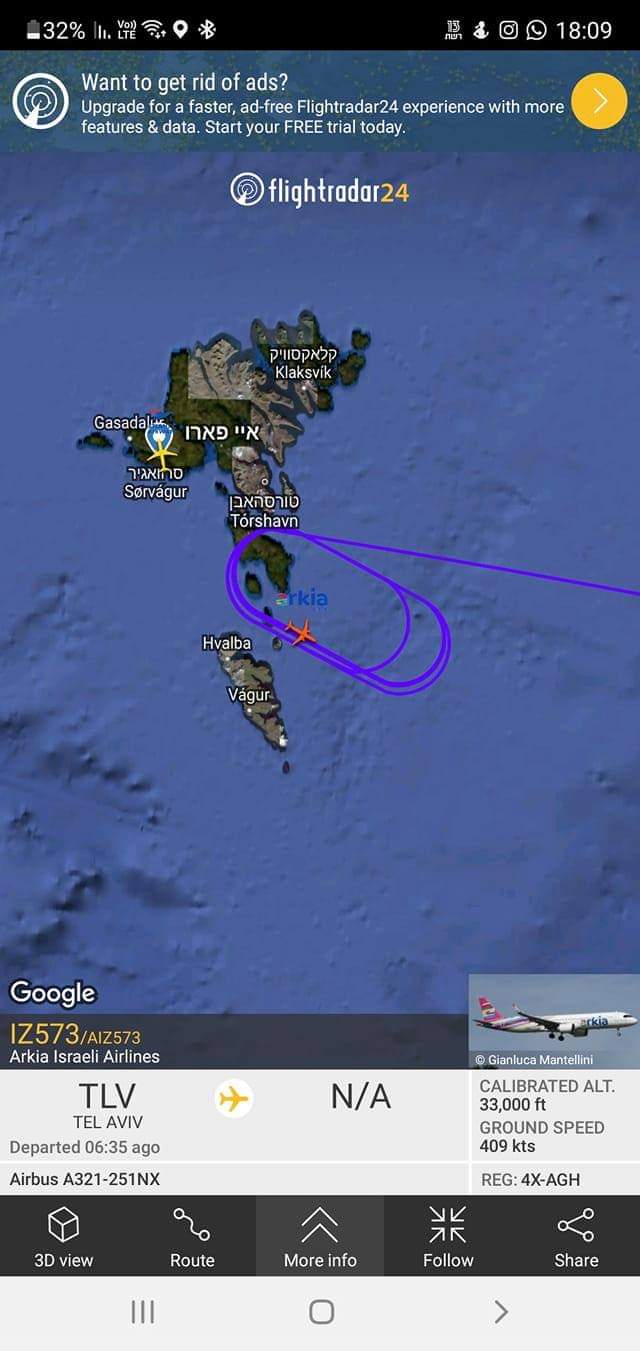 המסלול של מטוס נבחרת ישראל באיי פארו