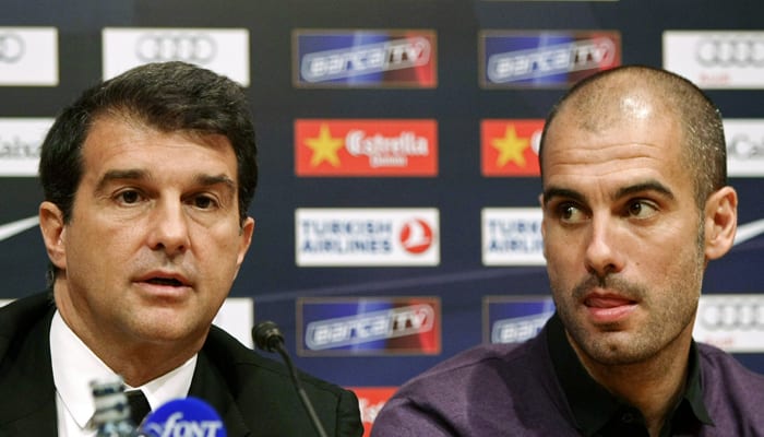 נשיא ברצלונה - ז'ואן לאפורטה, לצד מאמן הקבוצה, פפ גווארדיולה