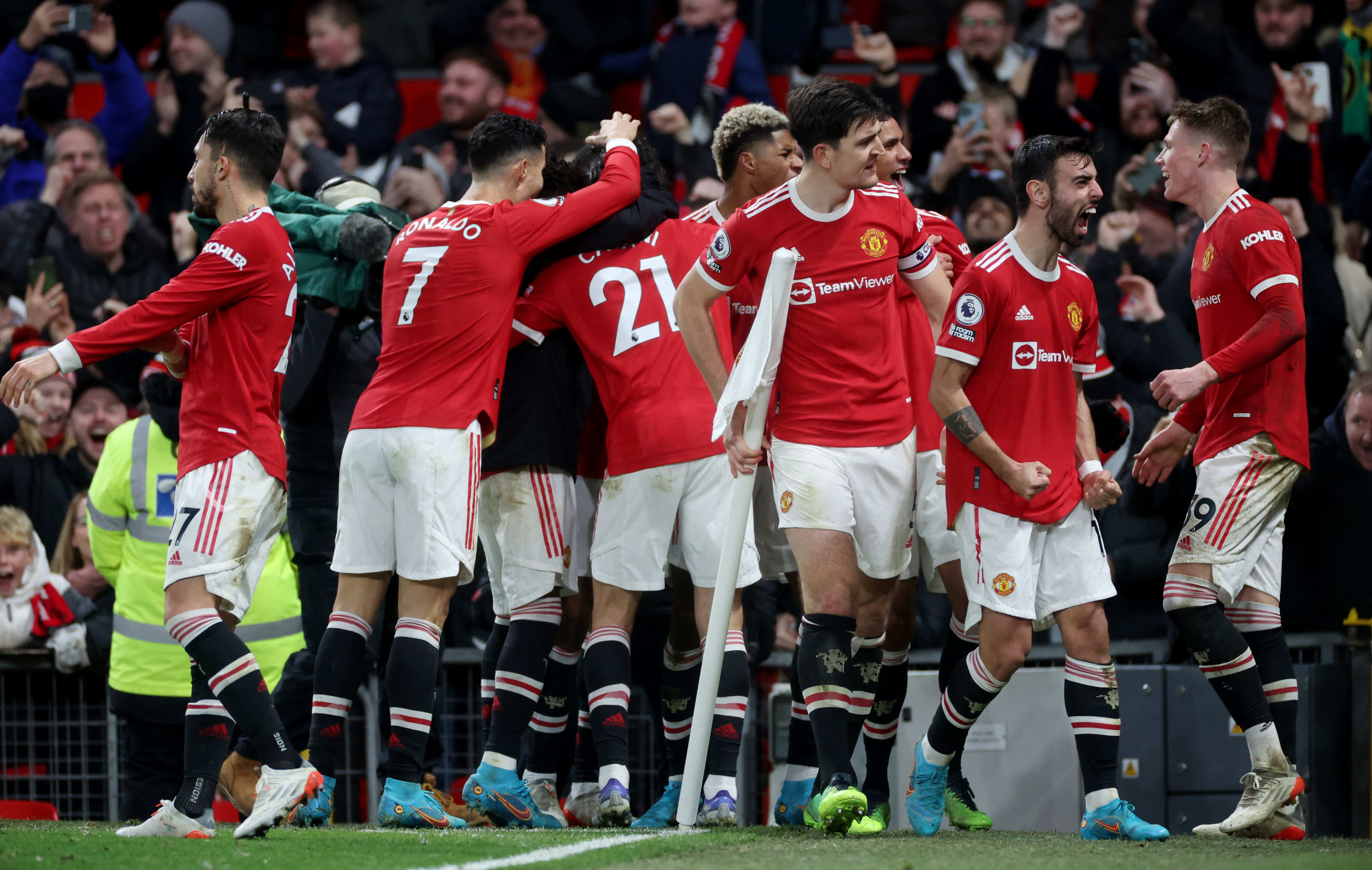 שחקני מנצ'סטר יונייטד חוגגים את שער הניצחון של מרכוס רשפורד מול ווסטהאם