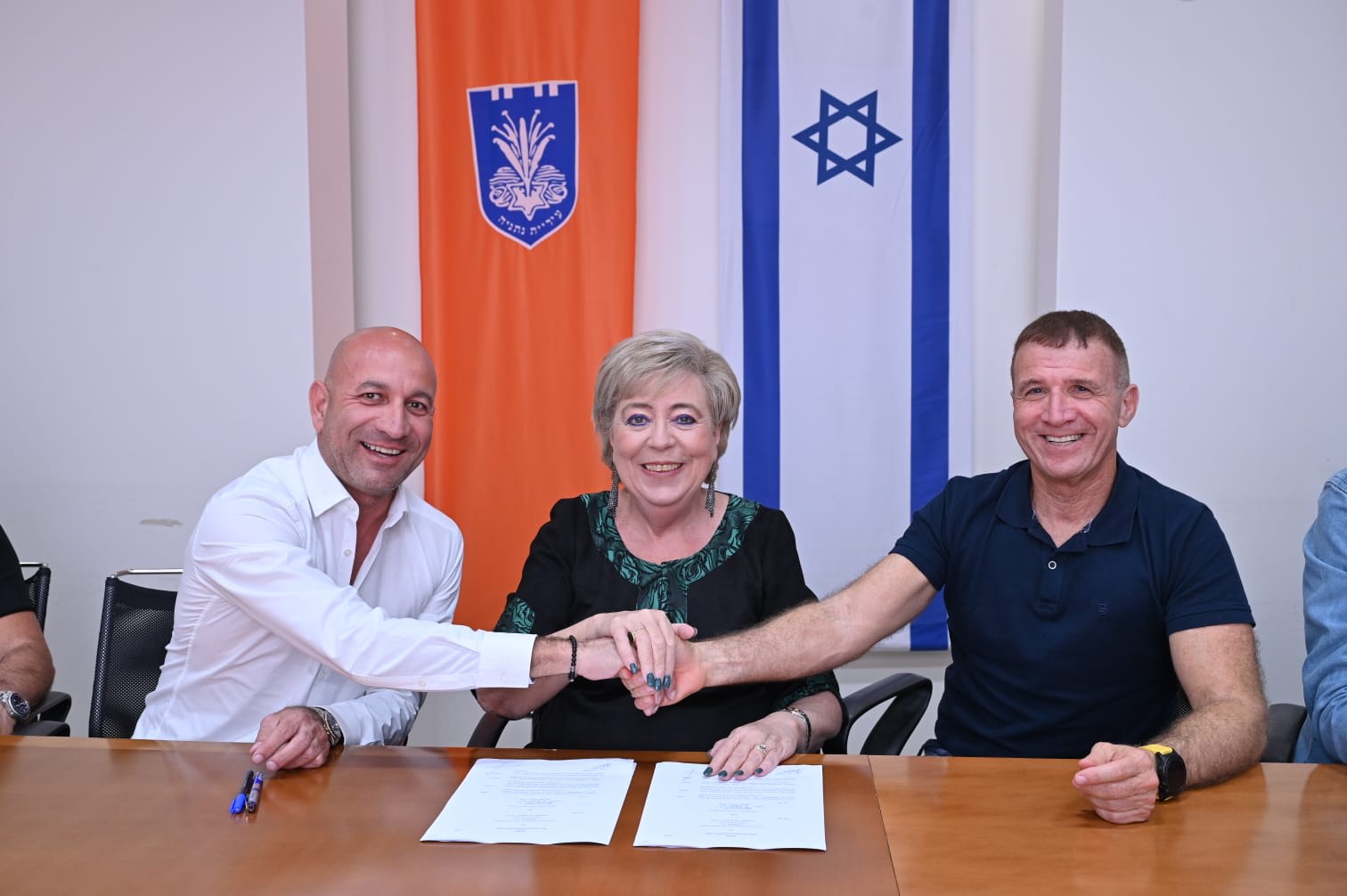 בעלי מכבי נתניה אייל סגל, ראש העיר נתניה מרים פיירברג-איכר, בעלי בית"ר טוברוק דודו מכלוף