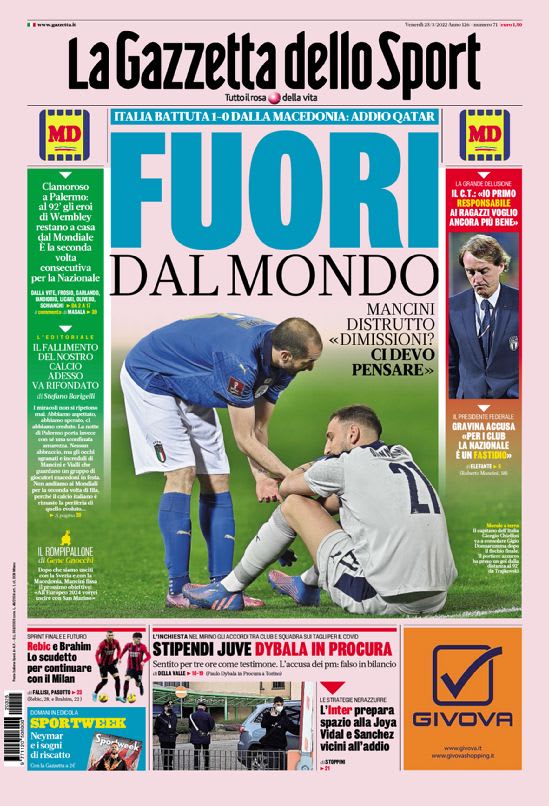 שער העיתון "גאזטה דלו ספורט" אחרי ההדחה של נבחרת איטליה מהמונדיאל