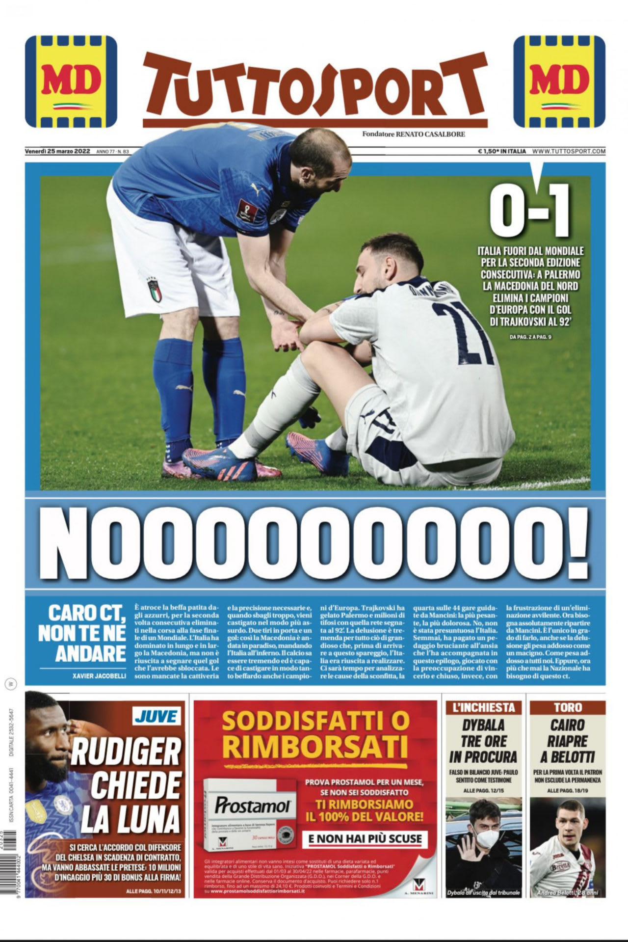 שער העיתון "טוטוספורט" אחרי ההדחה של איטליה מפלייאוף העלייה למונדיאל