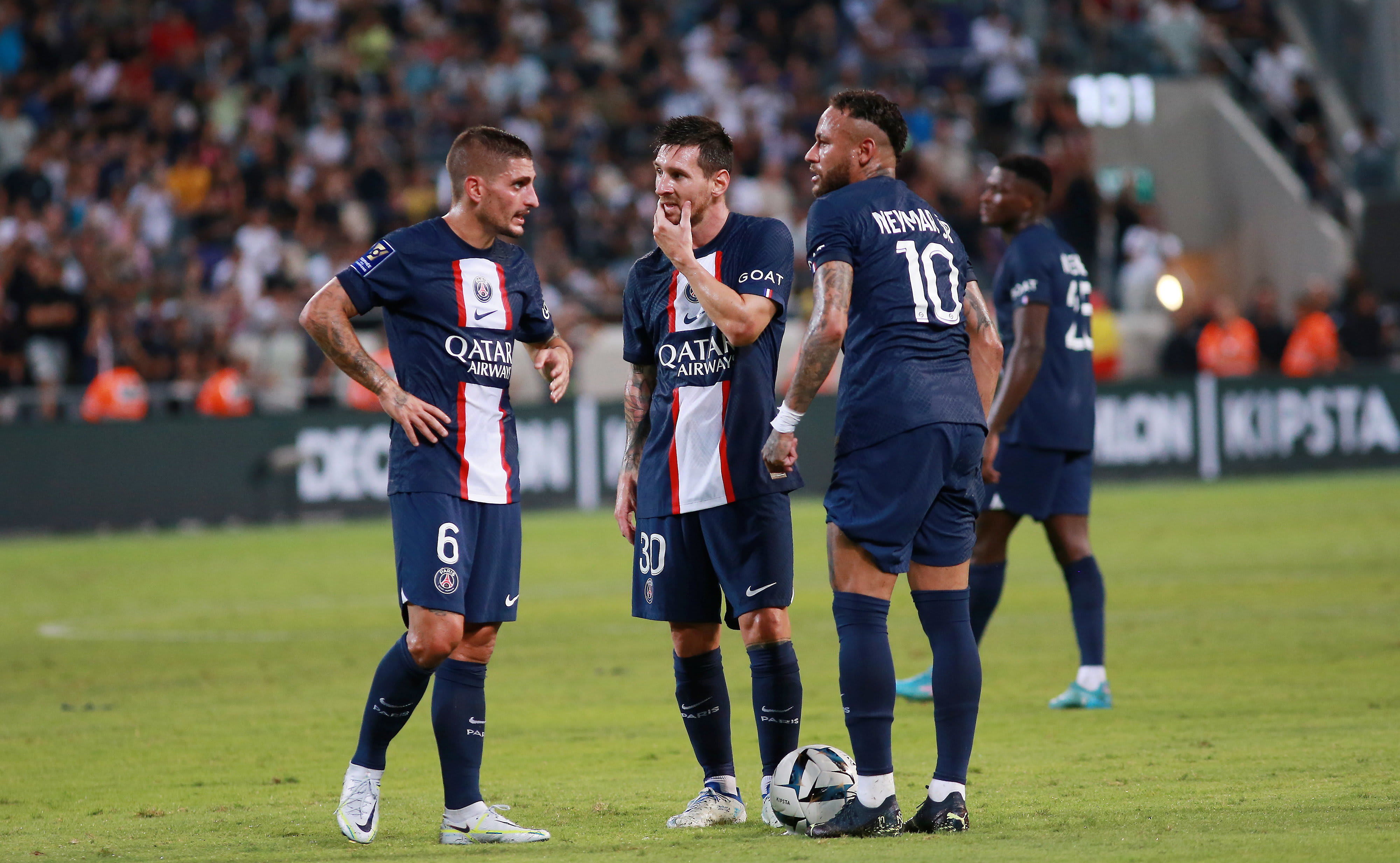 Paris Saint-Germain players Neymar, Lionel Messi, Marco Verratti