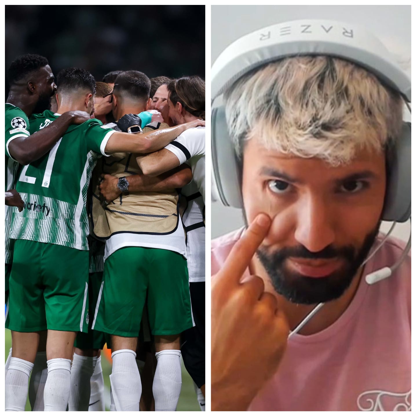 שחקני מכבי חיפה ולצידם חלוץ העבר סרחיו אגוארו