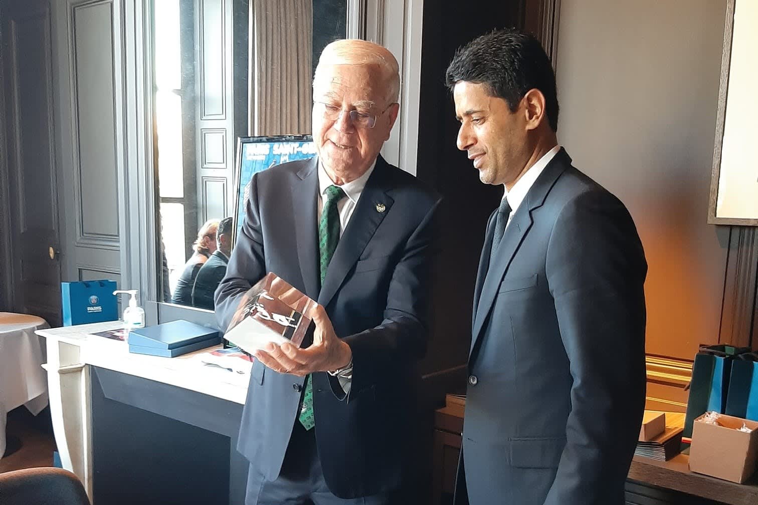 Paris Saint-Germain president Nasar Al-Khalaifi with Yaakov Shahar, owner of Maccabi Haifa