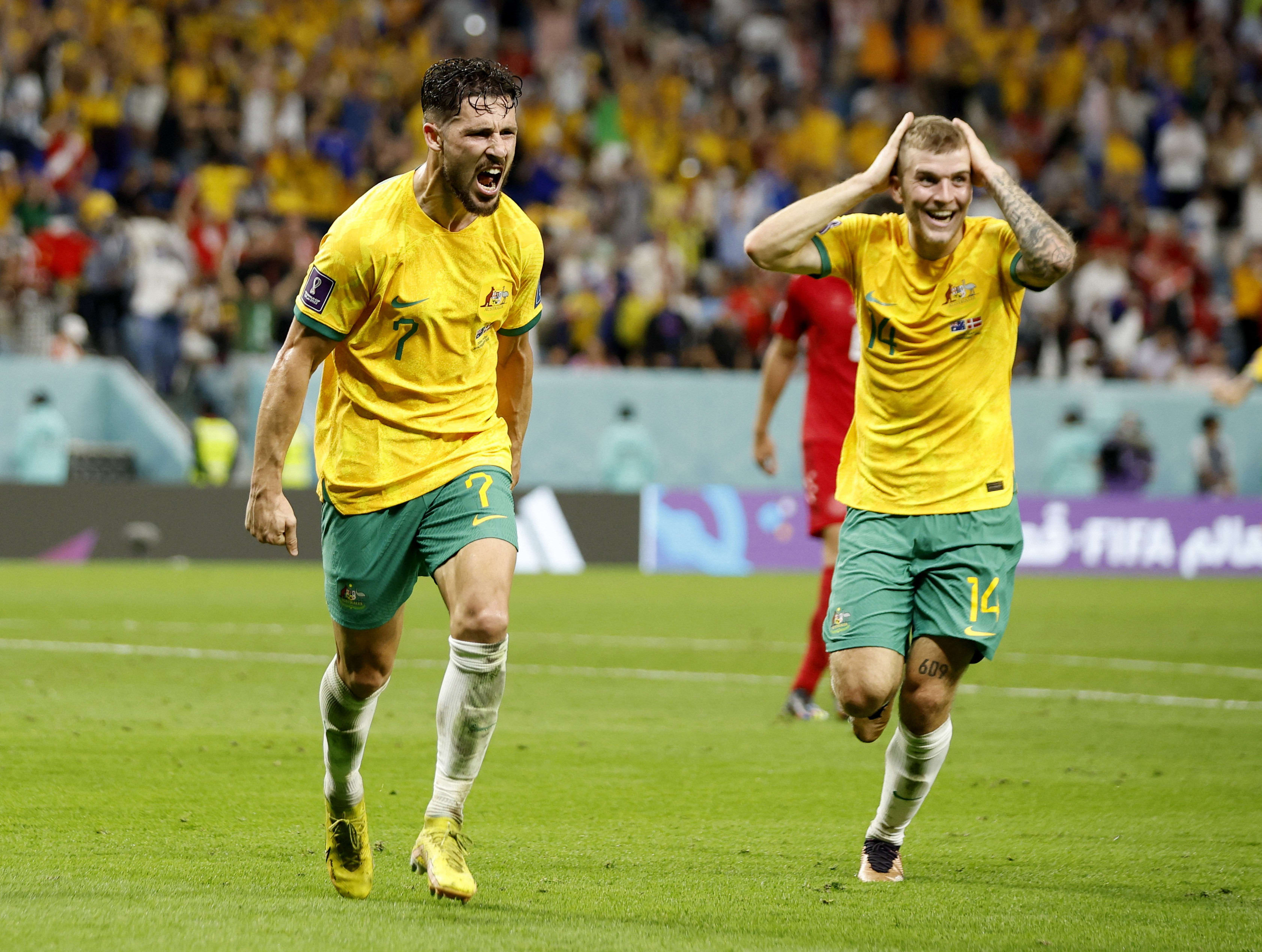 Australian national team player Matt Leckie celebrates a goal