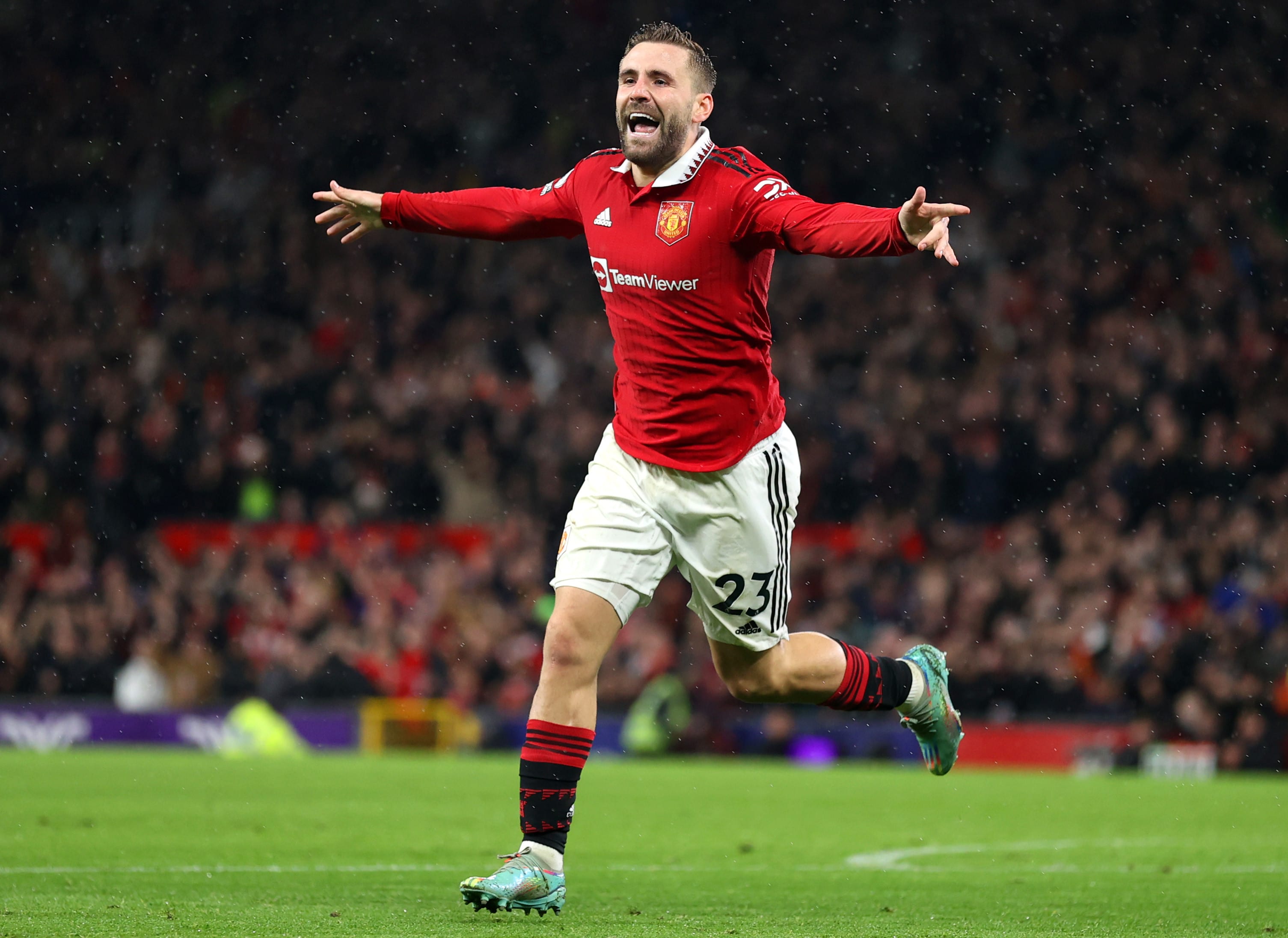 Manchester United player Luke Shaw celebrates a goal