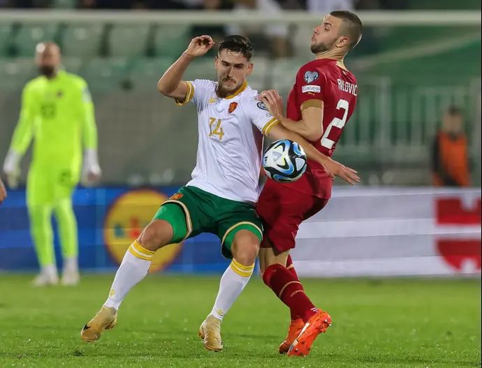 שחקן נבחרת בולגריה איליאן סטפנוב (בלבן), מול שחקן נבחרת סרביה, סטרחיניה פאבלוביץ'