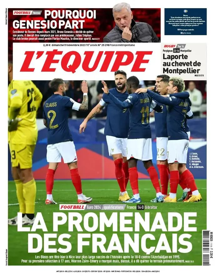 שער העיתון לאקיפ אחרי ה-0:14 ההיסטורי של צרפת על גיברלטר