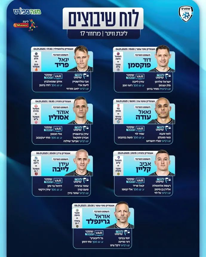 שיבוצי השופטים למחזור ה-17 בליגת העל בכדורגל