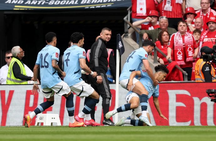 שחקני מנצ'סטר סיטי חוגגים עם ריקו לואיס (מימין)