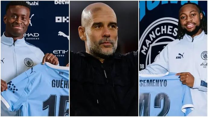 פפ גווארדיולה עם שני שחקני הרכש החדשים של מנצ'סטר סיטי - אנטואן סמניו, מארק גהי